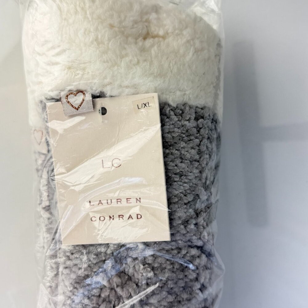 NWT LC Lauren Conrad Gray Sherpa Boot Slippers L/XL Womens Cozy House Shoes